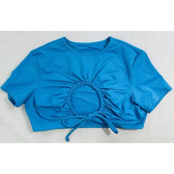 Skims Signature Swim Ruched T Shirt Cropped Keyhole Turquoise Blue M Read - Picture 3 of 9